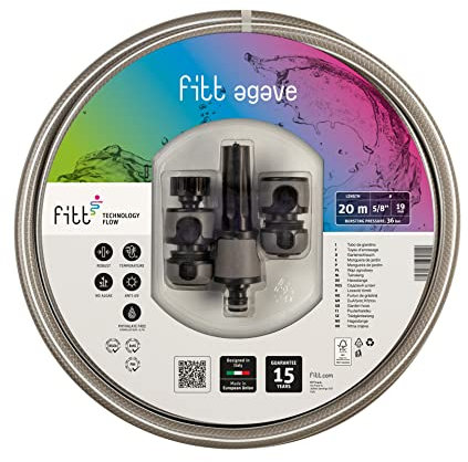 FITT Agave 5/8 (15 mm) 20m mit Zubehör - Robuster Gartenschlauch in Grauer Farbe für die häufige Nutzung, mit Schlauchdüse und Kupplungen.