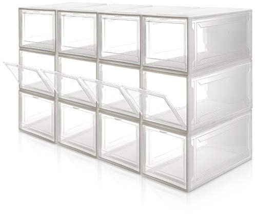Yorbay 12er Set, Schuhbox Schuhregal, stapelbarer Schuhorganizer, plastikbox mit durchsichtiger Tür, Mehrweg Schuhaufbewahrung, für Schuhe bis Größe 48, Weiß