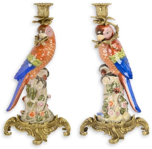Casa Padrino Jugendstil Kerzenhalter Set mit dekorativen Papageien Mehrfarbig/Gold 15,3 x 15,9 x H. 36,3 cm - Barock & Jugendstil Deko Accessoires