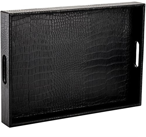 Lyellfe Plateau de service noir avec poignées, plateau ottoman décoratif en cuir synthétique alligator, 43,2 x 30,5 cm, rectangulaire pour table basse, salon, lit ou coiffeuse