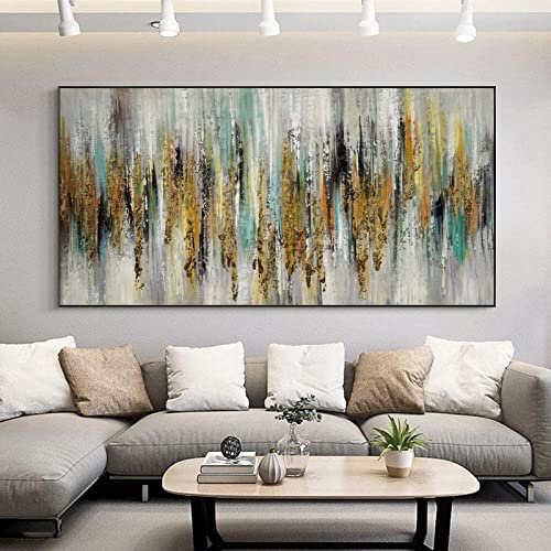 MWMG Acrylbilder, Moderne Abstrakte Bunte Textur Gestreifte Goldfolie Kunstwerk Handgemalte Ölgemälde Auf Leinwand Wandkunst Für Wohnzimmer Schlafzimmer Büro Wohnkultur,80X160Cm (31.5X63Inch)