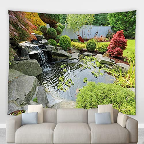 XAONUO 3D Panorama Tapisserie Trippy 230X180Cm Grün Pflanzen Teich Felsen Großer Wandteppich, Wandteppich Wandbehang Hölzer 3D-Druck Wandverkleidung Kunst Wand Wohnkultur Wandmatte