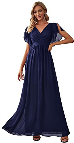 Ever-Pretty Damen Ballkleider Gürtel A-Linie Empire Kurze Ärmel V-Ausschnitt Chiffon Abendkleid Elegant Navy Blau 48EU