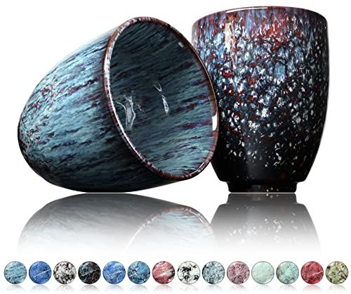 Ganzoo Kaffee Becher Keramik, Design Kaffee -Tasse ohne Henkel 200ml, Tee -Tasse 2er Set, coffee mug, tea cup, Tasse mit modernem Muster, bunte Unikate lemourian