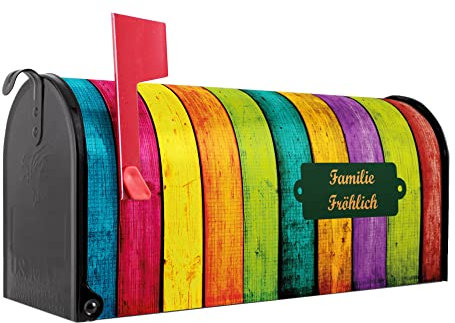 banjado® Amerikanischer Briefkasten - US Mailbox/Letterbox mit Motiv Bunte Holzlatten 51x22x17cm - Postkasten Stahl aus Amerika – Briefkasten amerikanisch pulverbeschichtet