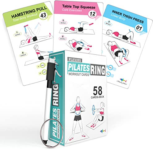 Flexies Pilates-Ring-Workout-Karten – 58 Übungsringkarten mit Pilates-Kreis, Trainingshaltung, Anleitung und Atemtipps, inklusive trocken abwischbarem Marker und Bindering, Pilates-Ausrüstung,