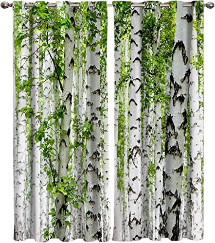 POKENE Vorhang Wald Blickdicht 3D Druck Birke, 2 Stück, 91,5x214 cm