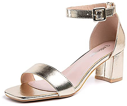 Hitmars Sandali Donna con Tacco Estivi Scarpe Cinturino Alla Caviglia Fibbia Punta Aperta Eleganti Cerimonia Oro Taglia 39 EU