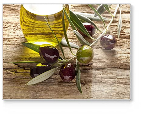 DEQORI Schneidebrett aus Glas | groß 40x30 cm | Motiv Olivenzweig und Öl | Design Schneideplatte für Küche | Frühstücksbrett antibakteriell & rutschfest | Glasplatte & Servierplatte