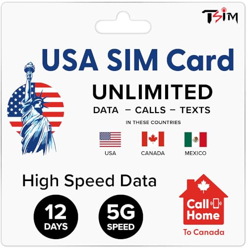 USA Kanada MEXIKO SIM-Karte | 12 Tage | Unbegrenzt Daten/Anrufe/SMS | Prepaid | Tethering/Hotspot/Internetein Sharing | 5G SIM-Karte!
