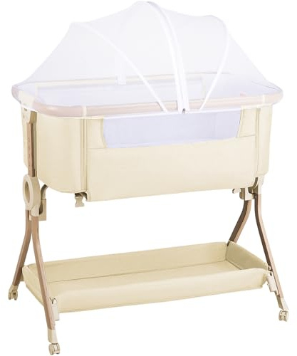 Larex Beistellbett Baby,3 in 1 Babybett mit Moskitonetz,Aufbewahrungstasche & Korb,5-stufig Höhenverstellbares Babybett,4 Räder mit Bremse,atmungsfreundliche Matratze & Mesh (Khaki)