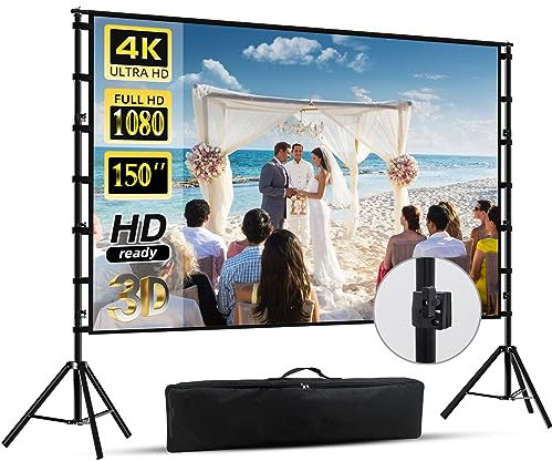 150-Projector-Screen-with-Stand,HUANYINGBJB Outdoor Projection Screen, Portable 16:9 4K HD Rear Front Movie Screen with Carry Bag for Theater Backyard Movie Night,Cinema School, Churches, Parties