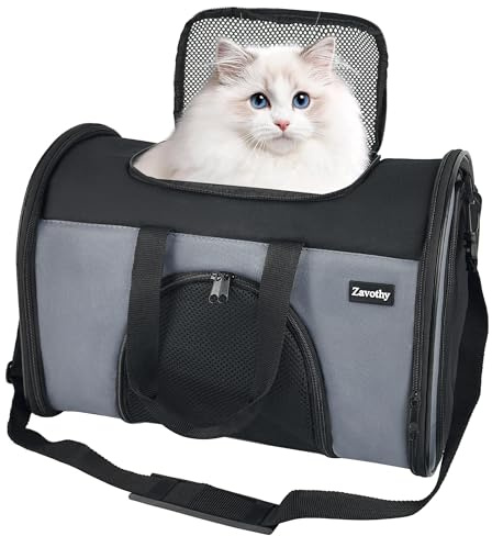 Zavothy Sac Transport Chat Chien, Sac Transport Respirant et Pliable, Caisse de Transport Chat avec Bandoulière Réglable, Matelas en Peluche Amovible, S, Gris