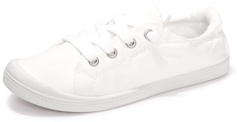 Women's Canvas Slip-On Sneakers, Low Top Casual Tennis Shoes, White/JD, 8