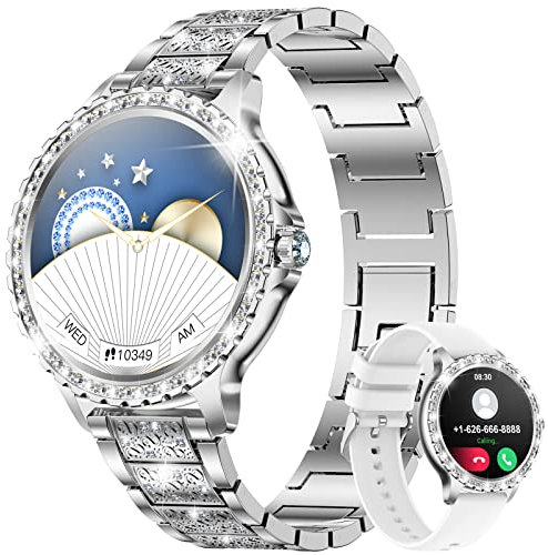 Montre Connectée Femme Bluetooth Appels pour Android iOS Sport Fitness Activity Tracker Montre Femme Connectée 1,32 HD Fréquence Cardiaque Sommeil Moniteur Elégant Diamond Argent Smartwatch Femme