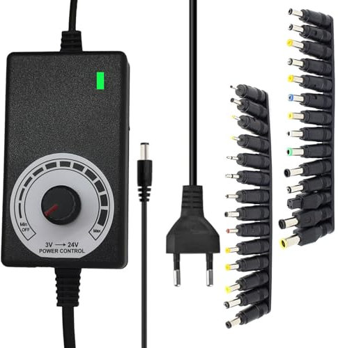 Netzteil einstellbares 3-24V Netzteiladapter regelbar Universal netzteil, Verstellbarer Netzadapter 100V-240V AC to DC mit LED Spannungsanzeige und 28 Stück Adapter Kopf, für Haushaltselektronik