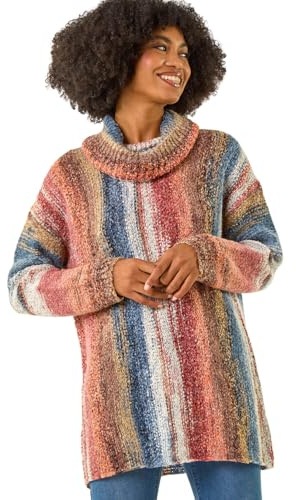 Roman Originals Roll Neck Chunky Knit Jumper for Women UK - Ladies Everyday Holiday Autumn Winter Pull-On Long Sleeves Comfy Cozy Soft Evening Vacation Work Party - Multi Stripe - Size 20