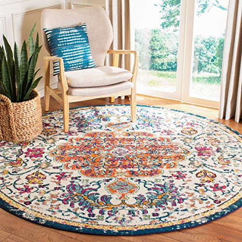 Safavieh Tapis Boho pour Salon, Salle à Manger, Chambre à Coucher - Madison Collection, Tapis à Poil Court, Ivoire et Orange, 122 x 122 cm