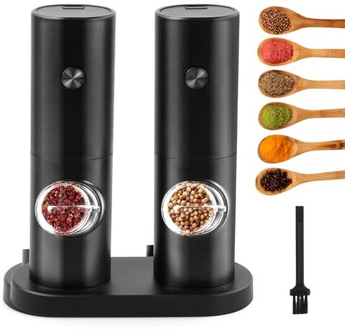 Jinlaili Juego de 2 Molinillo Pimienta Electrico con Base y Luz LED, Molinillo de Pimienta y Sal Eléctrico, Molinillo Especias Electrico, Grosor Ajustable, para Barbacoa, Camping, Cocina