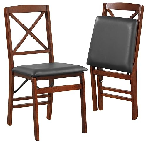 COSTWAY Padded Folding Chair Set of 2 with PVC Leather Seat, 180kg Capacity | Backrest, Rubber Wood Frame, Upholstered Counter Dining Chairs, Kitchen Office Conference Seats
