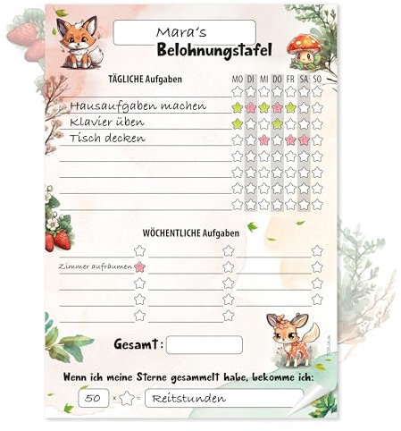 TOBJA Belohnungstafel A4 Block - Motiviert Kinder Spielerisch | 25 Blatt Belohnungssystem für Mädchen und Jungen Ab 3 Jahre (Waldtiere)