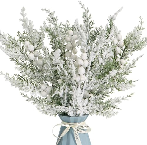 Kunjocy - Confezione da 4 rami di pino innevato con bacche bianche, 45 CM decorazioni natalizie, rami di pino per Natale, pigne, bacche, ornamenti per feste natalizie, steli per albero, ghirlanda