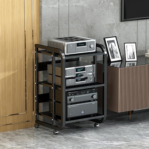 Audio-Rack Medienregal Beistelltisch Plattenspieler Schallplattenständer Multifunktionales Ablageregal Stabiler Metallrahmen mit Universalrädern für Wohnzimmer und Aufnahmestudio.(Nero,50x42.5x70cm)