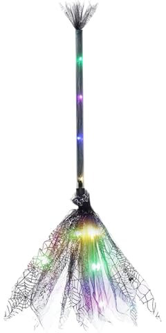 Pesoncarl 17.7 Inch Witch Broom, Plastic Witches Broomstick with LED Light, Funny Flying Witches Broom with Spider Web Decor for Halloween Cosplay Party Supplies