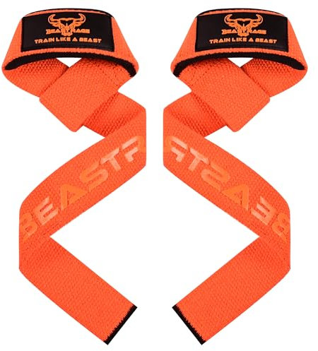 BEAST RAGE Gepolsterte Gewichtheberbänder aus Baumwolle, Griffe für Fortgeschrittene, robuste Hantelstangen für Fitnessstudio, Bodybuilding und Hebeübungen, Orange