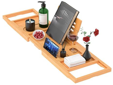 Plateau Baignoire en Bambou Extensible et Pliable - Support pour Verre à Vin, Fruits - Tablette de Bain Réglable en Longueur (Naturel)