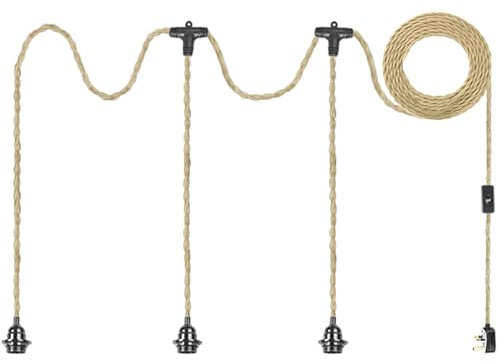 IC INSTANT COACH Pendant Light Ceiling Lighting Fitting with 3 E27 Socket, Plug in Rustic Hemp Rope Hanging Light Kit with On/Off Switch-UK Plug, Farmhouse