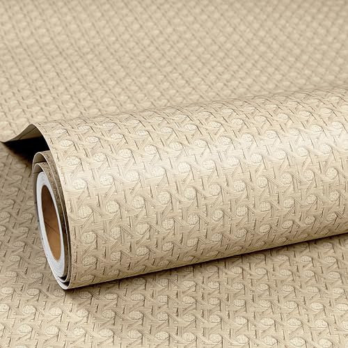 ReWallpaper Papier Adhesif pour Meuble Rotin Papier Peint Effet Cannage Beige pour Chambre Adulte Tete De Lit Film Adhesif Porte Placard Vintage Autocollant Revetement Mural Rotin Effet 40CMx3M