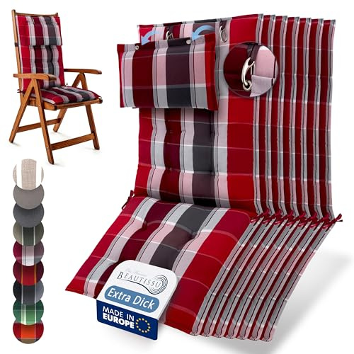 Beautissu 7er Set Premium Hochlehner Auflage mit Kopfpolster rutschfest | 120x50cm 8cm dick Rot Anthrazit gestreift Stoff Polster Gartenstuhlauflage Befestigungsbänder UV-Lichtechtheit 5 Sun-HL