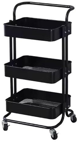 MAGNA RETAIL Metal Trolley on Wheels in Black | Storage Shelves | Makeup Storage | Cleaning Trolley | Shelves Unit | Utility Cart | Cleaning Caddy | Metal Rolling Cart (3-Tier)