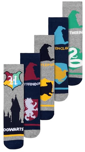 Harry Potter Socken für Jungen und Mädchen - 4 Häuser Kinder Sneaker Kindersocken Söckchen Grau/Blau (5er Pack)