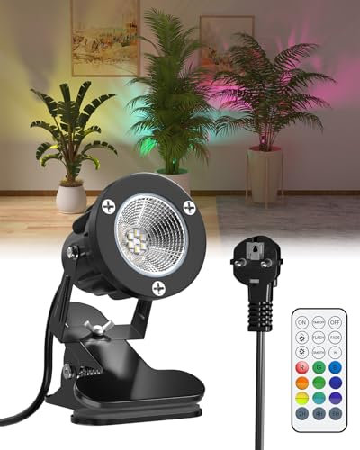 TobeBright 6W RGB LED Klemmspot mit Fernbedienung, 15 RGB-Lichter + Warmweiß 3000K, IP65 Wasserfester für Innen und Außen, Klemmlampe Strahler mit 1,78m Kabel und Stecker