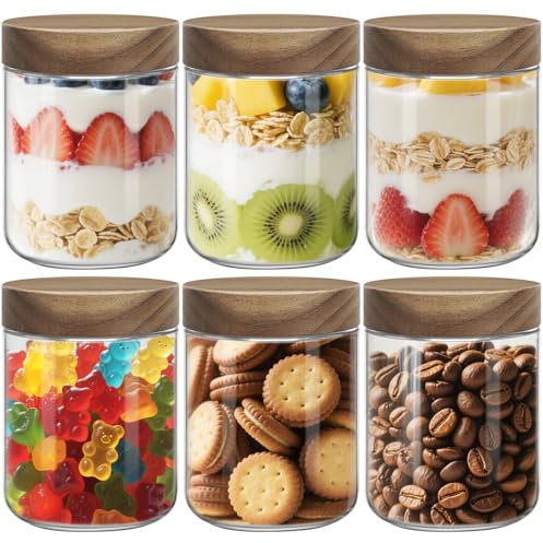 UHAPEER 16oz Overnight Oats Jar: Stackable Leakproof Glass Container with Acacia Wood Lid for Healthy Eating Meal Prep Storage Jars for Yogurt, Salad, For Gym & Travellers & Household (6-Pack)