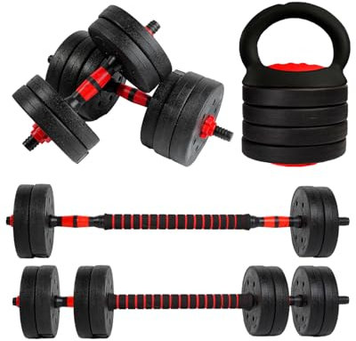 unycos - Juego de Mancuernas Ajustables 4 en 1 con Barra Recta de Conexión, Discos【30 kg】de Cemento Recubiertos, Pesas Clásicas, Pesa Rusa, Soportes para Flexiones, Fitness (Red Transformer)