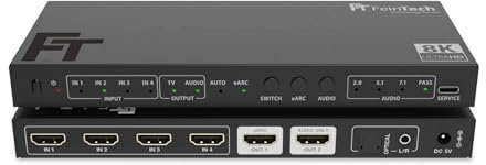 FeinTech SW411 HDMI 2.1 Switch 4 in 1 Out con estrattore audio per sistemi audio con ingresso HDMI, Toslink e AUX, supporta 4K 120Hz e 8K