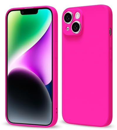 Svaove for iPhone 14 Phone Case Liquid Silicone, Thin Ultra Slim Minimalist Phone Cover, Girly Cute Plain Bright Solid Color Matte Soft Rubber Jelly Gel Plastic TPU Bumper, Neon Hot Pink
