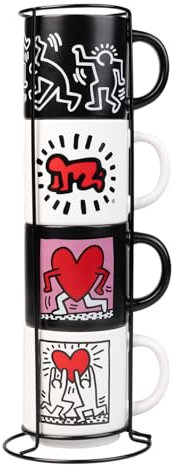 Grupo Erik Tasse Keith Haring Kaffeetassen Set 4er - Kaffeebecher Keramik - Tassen Set Mug je 300 ml 4 Stück Geschenke Männder und Frauen
