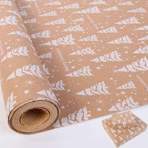 HBell Weihnachts-Geschenkpapierrolle, 43 cm x 15 m, Weihnachtsbaum-Geschenkpapier, braun, perfekt für Weihnachtsgeschenke, Neujahr, Festival, Party-Dekorationen (weißer Baum)