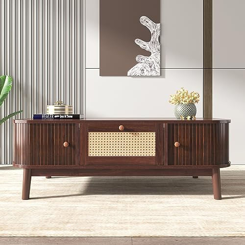 BTM Couchtisch - Rattan-Kaffeetisch, Schubladen mit Rattan und Schiebetüren mit Massivholzlatten, Massivholzbeine, Natürlicher Landhausstil, 110 x 55 x 38,5 cm