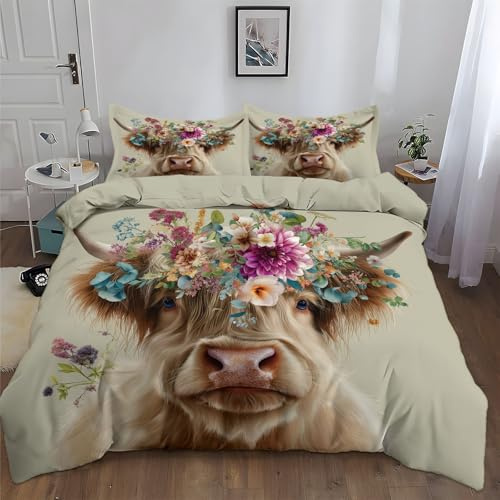 Generisch Bettwäsche Retro Stil Tier Kuh, 3D Druck Beige Weich Mikrofaser Bettzeug 135 x 200 cm mit Reißverschluss & Kissenbezug für Kinder Teenager
