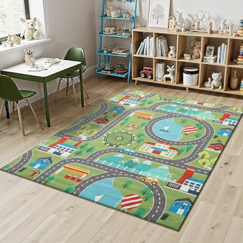 Mia´s Teppiche Joy Kids - Kinderzimmer, Kinderteppich, Spielteppich, Stadt, Straße, Grün, 80 x 150 cm