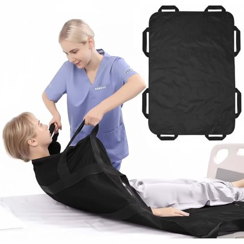 Transferboard für Patientenlifter, Gleittuch für Bettlägerige mit 8 Griffe, Patiententransferbrett 120 x 100 cm, Wiederverwendbar Gleitmatte Pflege, Gleitlaken Patienten Senioren (Schwarz)