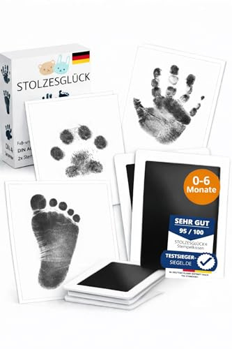Stolzesglück Fußabdruck Baby Abdruckset (0–6 Monate), Handabdruck Set | Baby & Fußabdruck Set mit 2 Stempelkissen, 4 Abdruckkarten & 50 digitalen Vorlagen,Saubere Abdrücke ohne Tinte auf der Haut