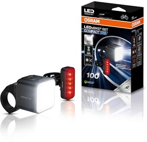 OSRAM LEDsBIKE COMPACT 100 Set, wiederaufladbares Fahrradlicht-Set – Vorder- und Rücklicht, mit Bremslicht, StVZO-geprüft, Garmin-kompatible Halterun, DREI Beleuchtungsmodi, 100 Lux