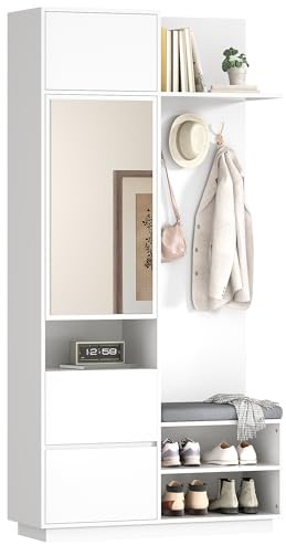 KecDuey Ensemble garde-robe compacte avec miroir et banc, armoire à chaussures et crochets, porte-manteau, ensemble de meubles de couloir (blanc)