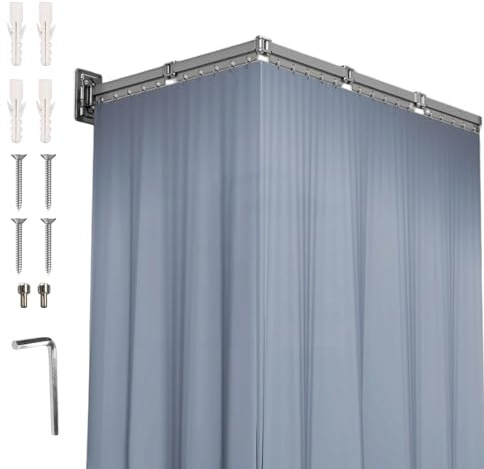 Asta pieghevole per tenda da doccia con tenda (1,5x1,8M), con foratura, asta da parete per tenda da bagno, regolabile, impermeabile, forma L/U a scala, forma dritta (asta da 154 cm, blu a 5 pieghe)